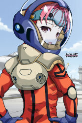  1girl blue_sky clouds commentary_request control_tower english_text fire_bomber hands_on_own_hips headgear helmet highres jetpack looking_back macross macross_7 mecha_pilot_suit mylene_jenius open_mouth pink_hair red_eyes science_fiction sky space_helmet spacesuit temisu_no_nageki variable_fighter vf-11_maxl 