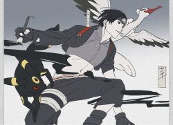  1boy black_eyes black_hair closed_mouth creature_request crop_top crossover forehead_protector gloves highres holding holding_brush konohagakure_symbol male_focus mtk066621 naruto_(series) naruto_shippuuden navel pokemon pokemon_(creature) sai_(naruto) short_hair solo stomach umbreon zipper zipper_pull_tab 