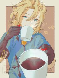  1boy albedo_(genshin_impact) aqua_eyes black_gloves blonde_hair blue_shirt braid brown_gloves coffee coffee_beans coffee_mug cup drinking gloves hair_between_eyes half_up_half_down_braid highres holding kemono_j looking_at_viewer male_focus mug shirt short_sleeves smile vision_(genshin_impact) 