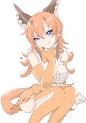 1girl animal_ears bare_shoulders belt blue_eyes bow bowtie brown_hair caracal_(kemono_friends) cat_ears cat_girl cat_tail elbow_gloves frilled_skirt frills gloves hair_between_eyes high-waist_skirt highres kamisamanosaba kemono_friends long_hair looking_at_viewer monkey_ears monkey_girl orange_bow orange_bowtie orange_gloves orange_hair orange_skirt orange_thighhighs shirt sidelocks sitting skirt sleeveless smile solo tail thigh-highs two-tone_gloves two-tone_thighhighs white_belt white_gloves white_shirt white_thighhighs zettai_ryouiki