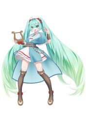  absurdres aqua_eyes aqua_hair aqua_nails aqua_necktie boots bow detached_collar dress full_body hair_between_eyes hair_bow hair_ornament harp hatsune_miku highres holding_harp instrument lailatamu layered_skirt light_blush looking_at_viewer musical_note musical_note_hair_ornament necktie open_mouth red_bow red_trim simple_background skirt smile thigh_boots vocaloid white_background white_dress 