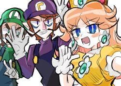  1girl 2boys anger_vein black_overalls blue_eyes blue_overalls brown_hair commentary crown dress earrings facial_hair flower_earrings gloves green_hat green_shirt hat highres jewelry long_hair luigi multiple_boys mustache orange_dress overalls princess_daisy purple_hat purple_shirt rakugaki_shitagari-ya shirt sketch super_mario_bros. symbol-only_commentary waluigi white_background white_gloves 