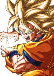  1boy absurdres blonde_hair cowboy_shot dragon_ball dragon_ball_z green_eyes highres kamehameha_(dragon_ball) male_focus medium_hair muma_maximum76 open_mouth orange_pants orange_shirt pants poke_ball shirt simple_background solo son_goku spiky_hair super_saiyan super_saiyan_1 ultra_ball white_background 
