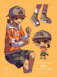  1boy 2025 :d absurdres alternate_eye_color asymmetrical_legwear backwards_hat baseball_cap basketball bright_pupils brown_hair camouflage camouflage_shorts character_name chibi chibi_inset clenched_hand clothes_writing commentary cropped_legs dark-skinned_male dark_skin dated double-parted_bangs double_horizontal_stripe drawstring english_commentary english_text fingernails flying_sweatdrops green_shorts grey_hat grey_hoodie grin hair_between_eyes hand_in_pocket hands_up hat hector_(omori) highres holding holding_toy hood hood_down hoodie jash_(omori) kel_(birthday)_(omori) kel_(faraway)_(omori) kel_(omori) kneehighs komekopan_720 layered_sleeves leg_hair long_sleeves looking_at_object looking_at_viewer low_ponytail lower_teeth_only male_focus multiple_views official_alternate_costume official_alternate_hairstyle omori open_mouth orange_background orange_eyes orange_shirt ponytail puffy_long_sleeves puffy_sleeves shirt short_hair short_over_long_sleeves short_ponytail short_sleeves shorts simple_background sitting smile socks sparkle standing teeth toy twitter_username uneven_legwear v-shaped_eyebrows white_pupils white_socks 