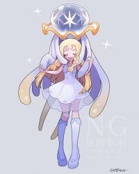  1girl alternate_color blonde_hair blunt_bangs braid closed_eyes collared_dress commentary dress facing_viewer highres kneehighs lillie_(pokemon) long_hair nihilego open_mouth pokemon pokemon_(creature) pokemon_sm sandora_(karugamo_no_e) shiny_pokemon shoes simple_background sleeveless sleeveless_dress smile socks star_(symbol) symbol-only_commentary tentacles twin_braids white_dress white_socks 