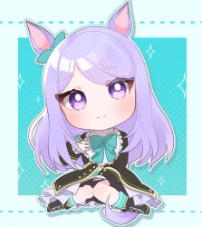  1girl absurdres animal_ears aqua_bow aqua_bowtie aqua_ribbon black_boots black_jacket black_skirt blue_socks blush boots bow bowtie chibi chibi_only closed_mouth coat ear_bow ear_ribbon frilled_coat frilled_jacket frills highres horse_ears horse_girl horse_tail jacket kurumiya_(krmy_p) long_hair long_sleeves looking_at_viewer mejiro_mcqueen_(frontline_elegance)_(umamusume) mejiro_mcqueen_(umamusume) purple_hair ribbon shirt skirt smile socks solo striped_clothes striped_shirt tail umamusume violet_eyes 