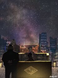  2boys 2girls absurdres arms_behind_back black-framed_eyewear black_hair black_jacket black_pants black_suit bo_(bouillustration) collared_shirt corbeau_(pokemon) couch eyewear_strap facial_hair glass glasses highres jacket long_sleeves lumiose_city mohawk multiple_boys multiple_girls necktie night night_sky on_couch open_clothes open_jacket pants philippe_(pokemon) pokemon pokemon_legends:_z-a purple_hair purple_shirt reflection reflective_surface round_eyewear shirt short_hair sitting sky star_(sky) suit white_necktie window 