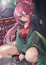  1girl antenna_hair architecture balcony black_choker black_socks blue_archive blush breasts china_dress chinese_clothes choker closed_mouth collarbone commentary cross-laced_shoes day dress east_asian_architecture floating_hair floral_print floral_print_dress full_body green_jacket hair_between_eyes hair_bun hair_intakes halo highres id_card jacket kneehighs large_breasts leaf long_hair long_hair_between_eyes looking_at_viewer mole mole_on_collarbone mole_under_eye open_clothes open_jacket outdoors partially_unzipped print_dress red_dress red_eyes red_hair red_halo red_shoes reijo_(blue_archive) shoes sidelocks single_side_bun sleeves_past_wrists smile sneakers socks solo split_mouth squatting suidou_chaahan thighs tsurime v_arms very_long_hair 