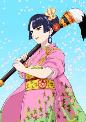  1girl black_eyes black_hair blue_background blunt_bangs braid calligraphy_brush cherry_blossoms closed_mouth commentary_request crown_braid earrings fire flower hair_bun hair_flower hair_ornament highres holding holding_calligraphy_brush holding_paintbrush japanese_clothes jewelry kimono lipstick makeup obi obijime original oversized_object paintbrush personification pink_kimono red_lips samurai_sentai_shinkenger sash single_hair_bun solo standing super_sentai tasuki ueyama_michirou yellow_sash 