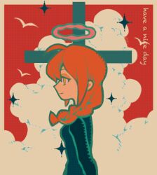  1girl black_dress braid chainsaw_man clouds commentary cross dress english_text halo long_sleeves makima_(chainsaw_man) outdoors pink_halo red_hair red_sky simple_bird sky solo symbol-only_commentary tuzaixia yellow_eyes 