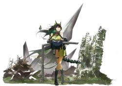  1girl arknights bare_shoulders black_boots black_hair black_skin boots breasts building collarbone colored_inner_hair colored_skin crossed_legs dress energy_tail full_body grass green_dress green_eyes green_hair hair_between_eyes highres knee_boots legs looking_to_the_side material_growth mon3tr_(arknights) multicolored_hair oripathy_lesion_(arknights) parted_lips sideboob signwolf standing stethoscope_around_neck thigh_strap two-tone_hair 