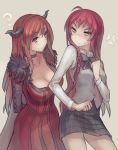  2girls ? ahoge anger_vein arms_behind_back blush bowtie braid breasts choker cleavage clenched_hand crossover fur_trim hataraku_maou-sama! horns long_hair looking_at_another maou_(maoyuu) maoyuu_maou_yuusha multiple_girls plaid plaid_skirt red_eyes redhead side_braid simple_background skirt smile trait_connection vest walzrj yellow_eyes yusa_emi 