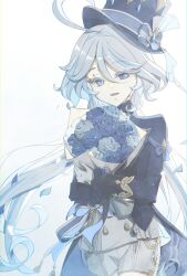  1girl ahoge blue_eyes blue_flower blue_hair blue_hat blue_rose bouquet flower furina_(genshin_impact) genshin_impact half-closed_eyes hat highres jacket long_hair long_sleeves looking_at_viewer multicolored_hair nowa_mi112 open_mouth rose top_hat white_background white_hair 