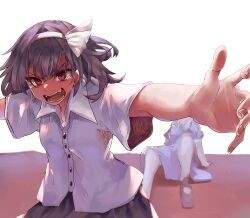  2girls absurdres black_skirt brown_hair buttons collar dress fang hairband hand_on_ground highres long_dress maribel_hearn mary_janes multiple_girls muraryo on_ground open_mouth outstretched_arms protecting puffy_short_sleeves puffy_sleeves purple_dress red_eyes shirt shoes short_sleeves skirt standing tears touhou usami_renko white_collar white_hairband white_shirt 