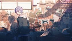  1boy aoyagi_touya black_jacket black_pants blue_hair break_down_the_wall_(project_sekai) brick_wall closed_mouth colorful_palette game_cg graffiti hair_between_eyes highres hood jacket male_focus mole mole_under_eye multicolored_hair official_art pants poster_(object) profile project_sekai shadow sheet_music smile solo split-color_hair third-party_source 