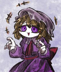  1girl ascot blonde_hair blush blush_stickers bow collar dress hat long_dress long_sleeves maribel_hearn mob_cap open_mouth puffy_long_sleeves puffy_sleeves purple_dress red_ascot red_bow red_sash sash short_hair sleeve_cuffs solo suenari_(peace) touhou violet_eyes white_collar white_hat 