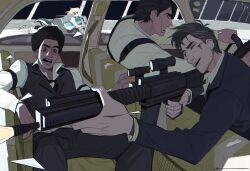  1girl 3boys afro alternate_universe beard_stubble black_jacket black_vest blonde_hair blood blood_on_face brown_eyes car_interior collared_shirt commentary_request dingnin98201637 facial_hair flashlight gun gwen_stacy harness highres holding holding_flashlight holding_gun holding_weapon injury jacket layered_sleeves long_sleeves male_focus marvel miguel_o&#039;hara miles_morales motor_vehicle motorcycle multiple_boys nervous_sweating on_motorcycle one_eye_closed open_mouth peter_b_parker shirt short_sideburns spider-man:_across_the_spider-verse spider-man_(series) spider-verse steering_wheel stubble suit_jacket sweat teeth tongue upper_teeth_only vest weapon white_shirt wing_collar 