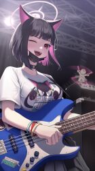  1girl absurdres alternate_breast_size_(larger) animal_ears bass_guitar black_choker black_hair black_mask blue_archive blush bracelet breasts cat_ears cat_girl choker colored_inner_animal_ears colored_inner_hair commentary_request doodle_sensei_(blue_archive) fender_jazz_bass halo highres holding holding_bass_guitar holding_instrument instrument jewelry kazusa_(band)_(blue_archive) kazusa_(blue_archive) large_breasts looking_at_viewer mask mask_lift mouth_mask multicolored_hair multiple_bracelets music official_alternate_costume one_eye_closed open_mouth pink_hair pink_halo playing_instrument print_shirt red_eyes revision samgong sensei_(blue_archive) shirt short_hair smile stage_lights two-tone_hair white_shirt 