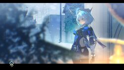  1girl :o absurdres aqua_hair artist_logo belt black_gloves black_shorts blue_bodysuit blue_eyes blue_tiara bodysuit building bush commentary_request cropped_legs duet_night_abyss epaulettes fence gauntlets gloves highres horns house lamp lamppost leaf light_blush logo looking_at_viewer night outdoors power_lines qurami rhythm_(duet_night_abyss) short_sleeves shorts side_slit single_horn snow solo thigh-highs tree 