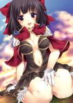  blue_eyes blush bow breasts capelet cleavage cleavage_cutout creator gloves hair_bow open_mouth ragnarok_online short_hair sitting skirt soraishinya wariza 