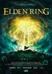  1boy 2025 2027 absurdres apparition armor artist_name bandai cape clouds cloudy_sky commentary content_rating copyright_name copyright_notice dated dolby elden_ring english_commentary english_text erdtree_(elden_ring) field_of_blades fromsoftware fur_cape ghonz_art giant_tree glowing glowing_tree highres holding holding_weapon movie_poster outdoors planted roundtable_knight_vyke ruins scenery sky solo standing sword title tombstone tree weapon 