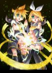  bare_shoulders bass_clef blonde_hair brother_and_sister detached_sleeves gongitsune green_eyes hair_ornament hair_ribbon hairclip headphones highres kagamine_len kagamine_len_(append) kagamine_rin kagamine_rin_(append) nail_polish open_mouth ribbon short_hair shorts siblings thigh-highs thighhighs treble_clef twins vocaloid vocaloid_append wink 