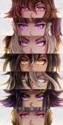  6+girls black_hair blue_eyes blunt_bangs brown_eyes brown_hair dream_journey_(umamusume) eye_focus eyewear_strap fenomeno_(umamusume) flipped_hair glasses glowing glowing_eyes gold_ship_(umamusume) grey_hair hair_between_eyes hat highres horse_girl long_hair looking_at_viewer lucky_lilac_(umamusume) miru_(mill_36) multicolored_hair multiple_girls nakayama_festa_(umamusume) orange_hair orfevre_(umamusume) ponytail portrait purple_hair side_ponytail stay_gold_(umamusume) stay_gold_clan_(umamusume) two-tone_hair umamusume violet_eyes white_hair 