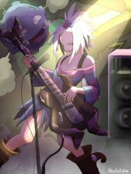  1girl bare_shoulders bass_guitar black_boots bo_(bouillustration) boots cable collarbone commentary_request dress fangs forehead gas gloating green_eyes hair_bobbles hair_ornament highres holding holding_bass_guitar holding_instrument instrument koffing long_sleeves microphone microphone_stand music open_mouth playing_bass_guitar playing_instrument pokemon pokemon_(creature) pokemon_bw2 roxie_(pokemon) short_hair smile speaker spotlight striped_clothes striped_dress teeth topknot two-tone_dress v-shaped_eyebrows white_hair 