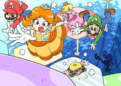  2girls 3boys blue_eyes blue_overalls brown_hair brown_shoes crown dress earrings facial_hair flower_earrings gloves green_hat green_shirt hat jewelry junnosu luigi mario mario_party mario_party_superstars multiple_boys multiple_girls mustache open_mouth orange_dress overalls pink_dress princess_daisy princess_peach red_hat red_shirt shirt shoes smile super_mario_bros. waluigi wario water white_gloves 