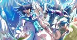  1boy black_hair blonde_hair blue_eyes blue_vest coat commentary cowboy_shot dragon duel_monster english_commentary facial_mark fudo_yusei gloves highres male_focus medium_hair multicolored_hair pants sharp_teeth spiky_hair stardust_dragon teeth two-tone_hair vest vincent_graphic_art white_coat white_gloves white_pants yellow_eyes yu-gi-oh! yu-gi-oh!_5d's 