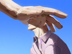  2boys beard_stubble blue_background closed_eyes edward_newgate facial_hair father_and_son giant giant_male gradient_background grin male_focus marco_(one_piece) mohawk multiple_boys muy_bc one_piece petting purple_shirt shirt short_hair smile stubble 