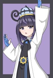  1girl :o absurdres arm_up belt black_belt black_dress blue_belt blue_gloves blunt_bangs border coat commentary_request dress eyelashes gloves grey_border gwynn_(pokemon) hat highres long_sleeves looking_at_viewer magnemite10718 mega_stone o-ring o-ring_belt open_clothes open_coat open_mouth outside_border partially_fingerless_gloves pokemon pokemon_legends:_z-a purple_background purple_hair short_hair solo two-tone_belt violet_eyes white_coat 