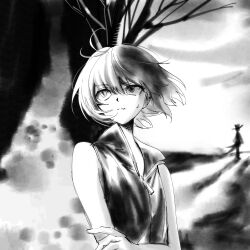  2others androgynous bare_arms bare_shoulders bare_tree chinese_commentary closed_mouth clouds coat coattails collared_shirt commentary_request crossed_arms english_commentary enraku_tsubakura floating_hair greyscale hair_between_eyes hat high_collar highres ink len&#039;en long_shadow looking_ahead mixed-language_commentary monochrome multiple_others nervous_smile no_headwear no_jacket other_focus outdoors shirt shitodo_kuroji short_hair silhouette sleeveless sleeveless_shirt smile solo_focus sweatdrop top_hat tree upper_body wind yancao_(pixiv_103434280) zipper zipper_pull_tab 