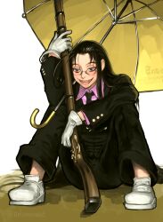  1girl :d ahoge artist_name black_hair black_necktie black_suit blue_eyes blush collared_shirt commentary_request envenomist_(gengoroumaru) fangs freckles glasses gloves gun hellsing highres holding holding_gun holding_weapon long_hair musket necktie on_floor open_mouth pink_shirt rip_van_winkle_(hellsing) round_eyewear shirt shoes smile solo suit twitter_username umbrella weapon white_gloves white_shoes yellow_umbrella 