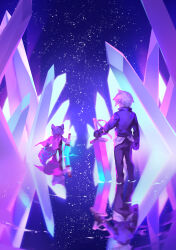  1boy absurdres black_pants blue_jacket commentary creature crystal english_commentary facing_away from_behind grey_hair highres holding holding_sword holding_weapon jacket long_sleeves lydialing_draws male_focus night pants reflection reflective_liquid short_hair sky standing star_(sky) starry_sky sword wading water weapon 