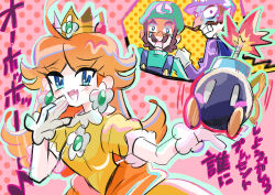  1girl 2boys absurdres blue_overalls bob-omb brown_hair dress earrings facial_hair flower_earrings gloves green_hat green_shirt hat highres jewelry long_hair luigi multiple_boys mustache open_mouth orange_dress overalls pink_background princess_daisy purple_hat purple_shirt rakugaki_shitagari-ya shirt smile super_mario_bros. waluigi white_gloves 