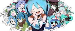  6+girls :p absurdres aimaina alien_alien_(vocaloid) andromedako animal_ears aqua_eyes aqua_gloves aqua_hair aqua_nails aqua_necktie beret black_dress black_eyes black_gloves black_hat black_ribbon black_sclera black_shirt blue_dress blue_hair blue_hat blush bow brown_gloves card chibi claw_pose closed_eyes closed_mouth colored_sclera crown detached_sleeves dress drooling earrings eyewear_on_head facial_mark fake_animal_ears finger_to_mouth fisheye floating_hair flower_pot food gloves green_jacket grey_hair grin hachune_miku hair_ornament hair_over_eyes hair_ribbon hajimete_no_koi_ga_owaru_toki_(vocaloid) hand_on_own_cheek hand_on_own_face hands_on_own_cheeks hands_on_own_face hat hatsune_miku headphones hello_planet_(vocaloid) highres holding holding_card holding_flower_pot holding_megaphone ievan_polkka_(vocaloid) jacket jewelry koi_wa_sensou_(vocaloid) long_hair long_sleeves looking_at_viewer matryoshka_(vocaloid) megaphone mesmerizer_(vocaloid) miku_day mimukauwa_nice_try_(vocaloid) mini_crown mouth_drool multicolored_eyes multiple_girls neck_ribbon necktie no_pupils o_o one_eye_closed open_mouth outstretched_arms peaked_cap pink_bow pink_eyes pink_nails pink_pupils pink_ribbon pinosan pixel_art plant pointing potted_plant puffy_short_sleeves puffy_sleeves purple_hat purple_jacket rabbit_ears rabbit_hole_(vocaloid) red_eyes red_jacket red_ribbon ren'ai_saiban_(vocaloid) ribbon ringed_eyes rubbing_eyes senbonzakura_(vocaloid) sharp_teeth shinkai_shoujo_(vocaloid) shirt short_sleeves slow_motion_(vocaloid) smile songover spaghetti_strap spring_onion striped_bow striped_clothes striped_dress striped_hat suna_no_wakusei_(vocaloid) swirl teeth tongue tongue_out twintails very_long_hair visor_cap vocaloid waitress white_shirt world_is_mine_(vocaloid) wrist_cuffs x_hair_ornament 