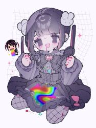  1girl :d black_bow black_bowtie black_dress black_pantyhose blush bow bowtie brown_eyes brown_hair commentary_request dress drooling empty_eyes film_grain fishnet_pantyhose fishnets frilled_dress frills full_body grid_background hands_up highres irasutoya multicolored_hair open_mouth pantyhose pink_streaks short_hair sidelocks sitting smile solo sparkle streaked_hair sweat upache vomiting_rainbows white_background 