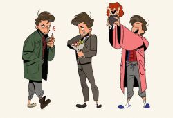  1boy 1girl ^_^ angry arm_up baby beard_stubble bodysuit bouquet brown_eyes brown_hair closed_eyes coat curly_hair dingnin98201637 eating facial_hair father_and_daughter fingernails flower food food_on_face full_body green_coat grey_pants grey_suit hand_in_pocket hand_on_own_neck hashtag-only_commentary highres holding holding_bouquet holding_food hood hood_down hooded_robe jacket layered_sleeves long_sleeves male_focus marvel mayday_parker multiple_views open_mouth pants peter_b_parker pink_robe robe shoes short_hair shy single_tooth slippers socks spider-man:_across_the_spider-verse spider-man_(series) spider-verse spider_web_print standing stubble suit suit_jacket suit_pants sweatpants teeth upper_teeth_only white_socks wide_sleeves 