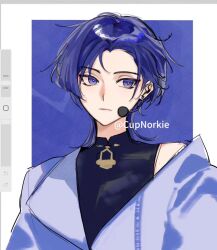  1boy alternate_costume art_program_in_frame bangs_pinned_back black_bodysuit blunt_ends bodysuit border bright_pupils closed_mouth cnorkie expressionless eyeliner eyeshadow genshin_impact headset idol jacket lapels makeup male_focus mandarin_collar portrait purple_background purple_hair purple_jacket red_eyeliner red_eyeshadow scaramouche_(genshin_impact) shoulder_peek solo tsurime twitter_username violet_eyes wanderer_(genshin_impact) white_border white_pupils 