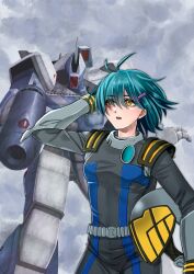  1girl aqua_hair battroid clouds cloudy_sky commentary_request energy_cannon gunpod hair_ornament hairclip hand_in_own_hair helmet highres holding holding_unworn_helmet macross mecha mecha_pilot_suit one-eyed original robot science_fiction sky u.n._spacy unworn_headwear unworn_helmet user_ywhd2757 vf-1 vf-1a yellow_eyes 