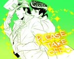  2boys hat higashikata_jousuke hug hug_from_behind jojo_no_kimyou_na_bouken kuujou_joutarou monochrome multiple_boys pompadour satsuki_(rice_umai) 