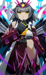  1girl absurdres armored_boots black_gloves boots cable duel_masters duel_masters_play's from_below gloves grey_hair highres leotard mecha_musume medium_hair open_clothes open_mouth open_vest purple_leotard solo tofubone torn_clothes torn_leotard vambraces vest vivi_(duel_masters_play's) white_background white_vest yellow_eyes 