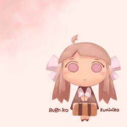  1girl ahoge archived_source artist_name black_dress black_shoes blunt_bangs blush bow briefcase brown_bag chibi chibi_only closed_mouth dress english_commentary english_text expressionless full_body hair_bow holding holding_briefcase legs_together long_hair long_sidelocks looking_at_viewer low_twintails lowres muted_color negative_space no_nose no_sclera original pale_color ruby-ko shoes short_sleeves sidelocks solo tanaka_kunihiko twintails violet_eyes white_bow white_sleeves 