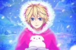  :&lt; blonde_hair gloves hoodie kagamine_len looking_at_viewer male snow snowflakes vocaloid 