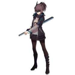  1girl arknights black_jacket black_skirt blindfold blindfold_mask brown_hair brown_pantyhose covered_eyes cuts faceless faceless_female full_body gradient_background grey_background holding holding_sword holding_weapon horns injury jacket katana layered_sleeves long_sleeves mask official_art open_clothes open_jacket pantyhose parted_lips pleated_skirt ponytail rhodes_island_uniform scabbard sheath sheathed shirt short_over_long_sleeves short_sleeves simple_background skade skirt solo standing sword tachi-e third-party_source transparent_background weapon white_shirt yato_(arknights) 