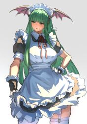  1girl absurdres alternate_costume ap_cammy apron bat_wings breasts collar commentary_request cowboy_shot darkstalkers demon_girl demon_wings enmaided frills garter_straps gloves green_eyes green_hair grey_background hand_on_own_hip head_wings highres large_breasts long_hair looking_to_the_side maid maid_apron maid_headdress morrigan_aensland puffy_short_sleeves puffy_sleeves red_ribbon ribbon short_sleeves sidelocks simple_background skindentation solo sweatdrop thigh-highs very_long_hair white_gloves wings wrist_cuffs 