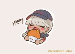  1girl arm_pouch black_hat blonde_hair blush_stickers brown_background burger chibi chibi_only closed_eyes commentary_request cropped_torso dark-skinned_female dark_skin eating english_text food hat holding holding_burger holding_food kawana_tsubasa long_hair mitsuba_tarou mole open_mouth outline simple_background solo the_hundred_line_-last_defense_academy- twitter_username white_outline 