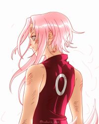  1girl absurdres blood bruise bruise_on_face comic_panel_redraw commentary commentary_request derivative_work from_behind frown green_eyes haruno_sakura highres injury naruto_(classic) naruto_(series) nosebleed pink_hair profile saburo_des serious severed_hair short_hair_with_long_locks sidelocks solo symbol-only_commentary twitter_username upper_body watermark 