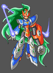  1girl absurdres android armor blue_armor blue_eyes breasts energy_ball forehead_jewel full_body genderswap green_hair grey_background hayebsi helmet high_ponytail highres industrial_pipe jewelry large_breasts long_hair mega_man_(classic) mega_man_(series) mega_man_v orange_helmet ponytail robot robot_ears robot_girl simple_background solo terra_(mega_man) very_long_hair weapon 
